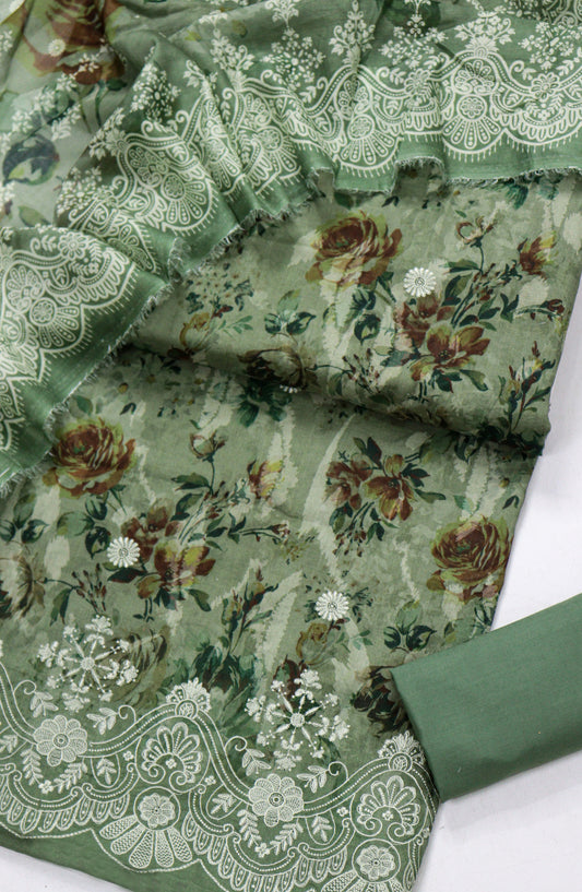 Amna Khadija Digital Printed & Embroidered Resham Laserkari Lawn Unstitched 3 Piece Suit - D-07 - AM26FNC - Green - Summer Collection