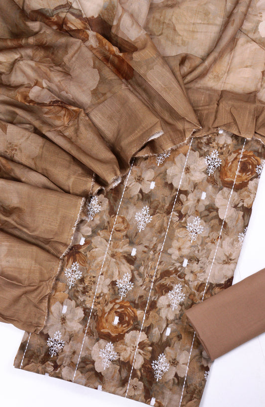 Amna Khadija Fancy Embroidered Lawn Unstitched 3 Piece Suit - DHG-07 - AM26FNC - Brown - Summer Collection