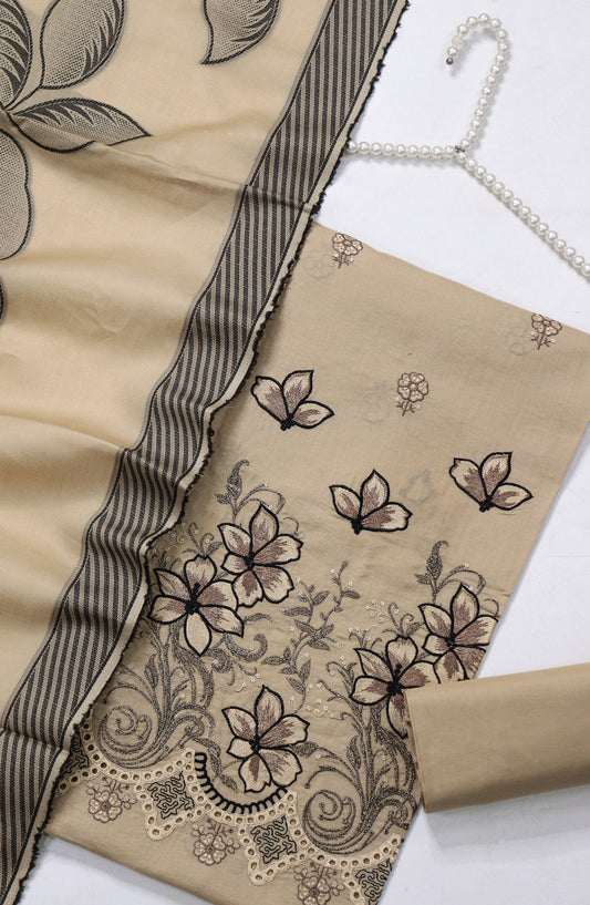 Amna Khadija Fancy Embroidered Chikankari Unstitched 3 Piece Suit - SBD-07 - AM26FNC - Fawn - Summer Collection