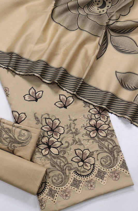 Amna Khadija Fancy Embroidered Chikankari Unstitched 3 Piece Suit - SBD-07 - AM26FNC - Fawn - Summer Collection