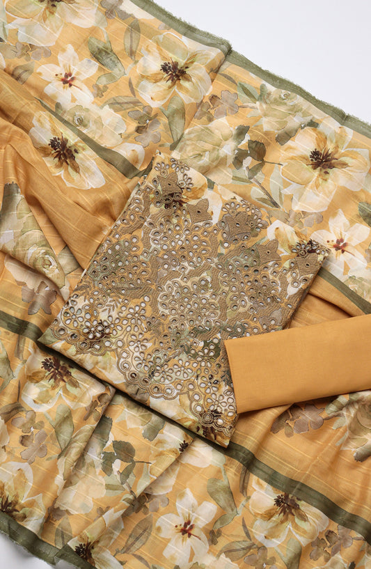 Amna Khadija Fancy Embroidered Lawn Unstitched 3 Piece Suit - STD-07 - AM26FNC - Mustard - Summer Collection