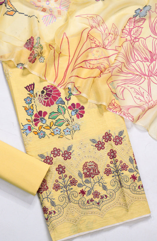 Amna Khadija Fancy Embroidered Lawn Unstitched 3 Piece Suit - D-17 - AM26FNC - Yellow - Summer Collection