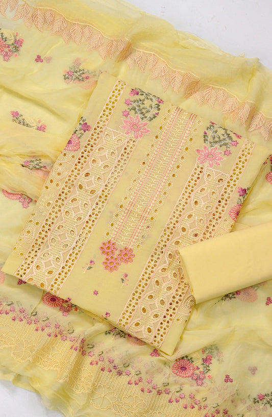 Amna Khadija Chikankari Swiss Voile Unstitched 3 Piece Suit - Design-04 - AM26FNC - Yellow - Summer Collection