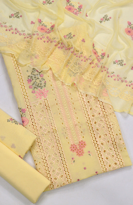 Amna Khadija Chikankari Swiss Voile Unstitched 3 Piece Suit - Design-04 - AM26FNC - Yellow - Summer Collection