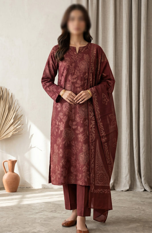 Amna Khadija Fancy Broshia Lawn Unstitched 3 Piece Suit - D-04 - AM26FNC - Maroon - Summer Collection
