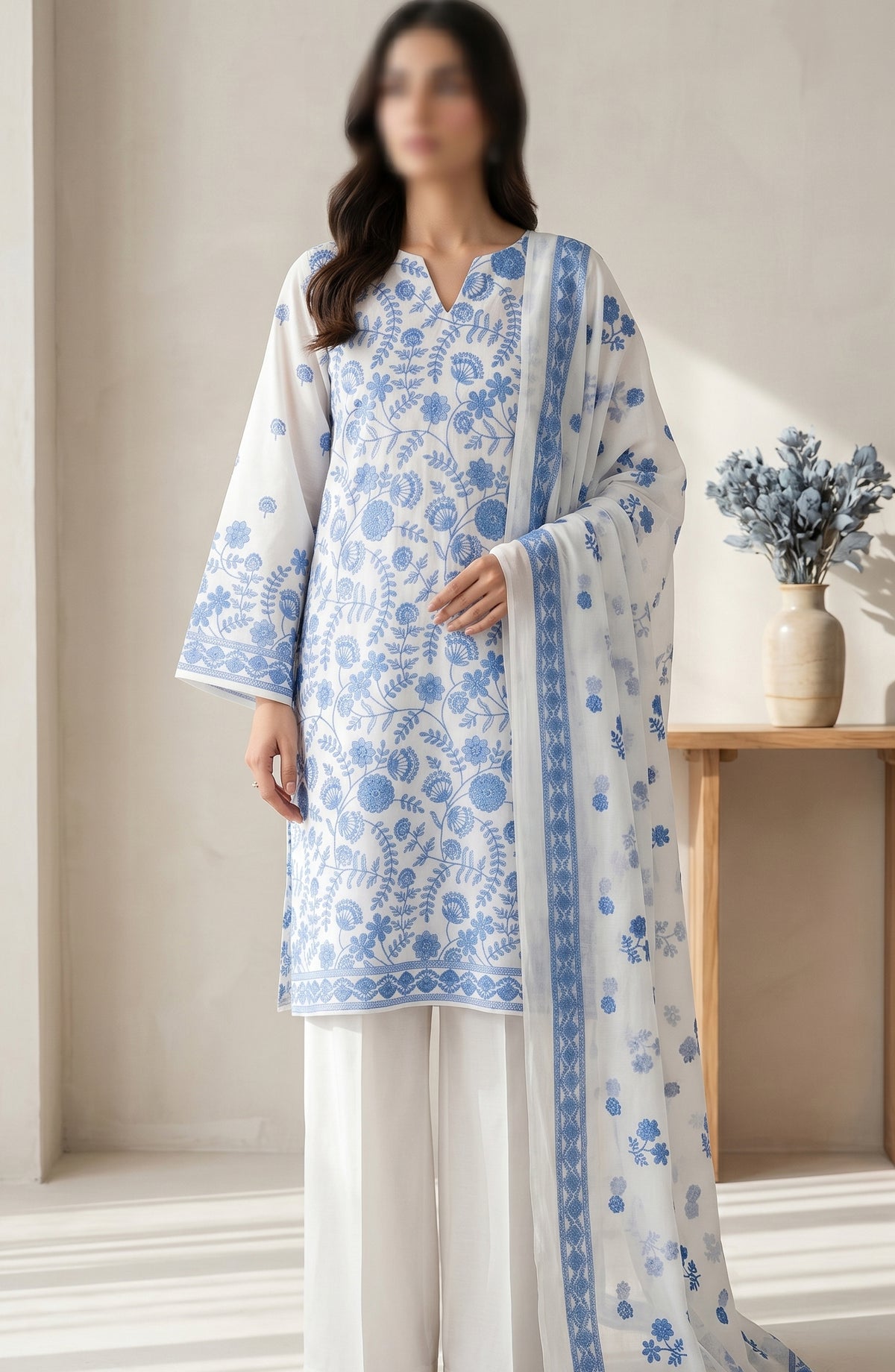 Amna Khadija Fancy Embroidered Lawn Unstitched 3 Piece Suit - JLD-05 - AM26FNC - Blue - Summer Collection