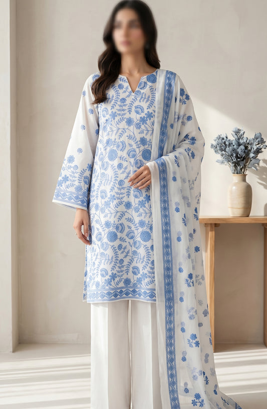 Amna Khadija Fancy Embroidered Lawn Unstitched 3 Piece Suit - JLD-05 - AM26FNC - Blue - Summer Collection