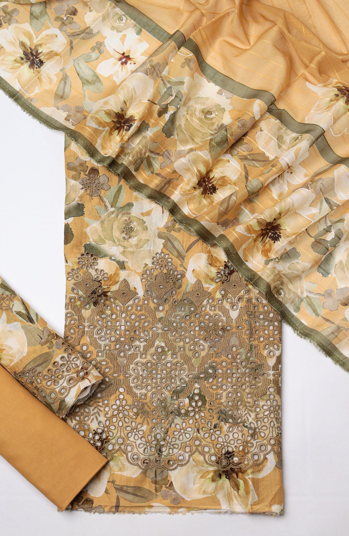 Amna Khadija Fancy Embroidered Lawn Unstitched 3 Piece Suit - STD-07 - AM26FNC - Mustard - Summer Collection