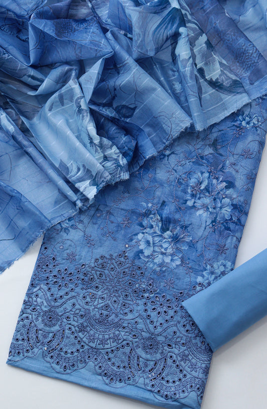 Amna Khadija Fancy Embroidered Lawn Unstitched 3 Piece Suit - DRC-08 - AM26FNC - Blue - Summer Collection