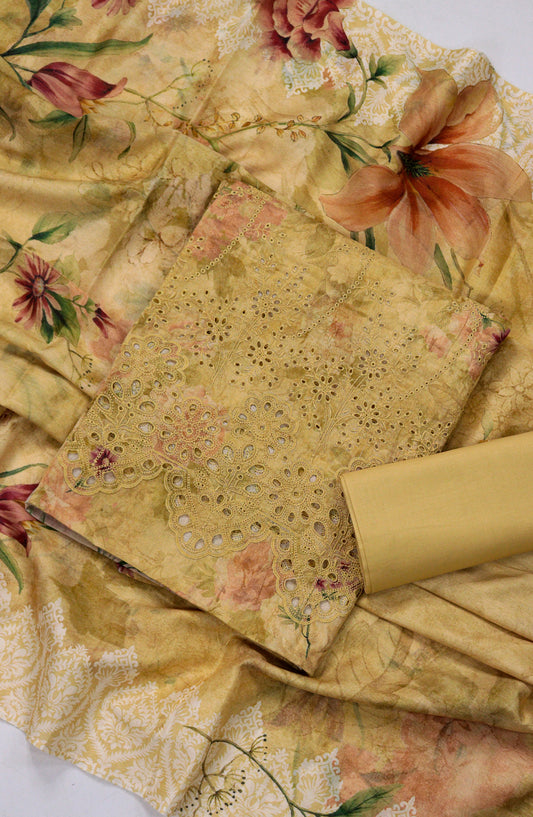 Amna Khadija Fancy Chikankari Lawn Unstitched 3 Piece Suit - Design-05 - AM26FNC - Mustard - Summer Collection