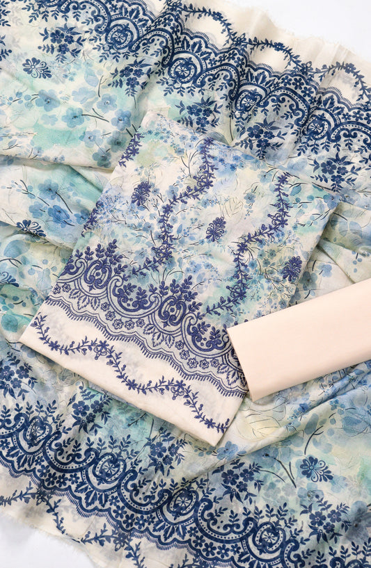 Amna Khadija Digital Printed & Embroidered Resham Laserkari Lawn Unstitched 3 Piece Suit - D-05 - AM26FNC - Sky Blue - Summer Collection