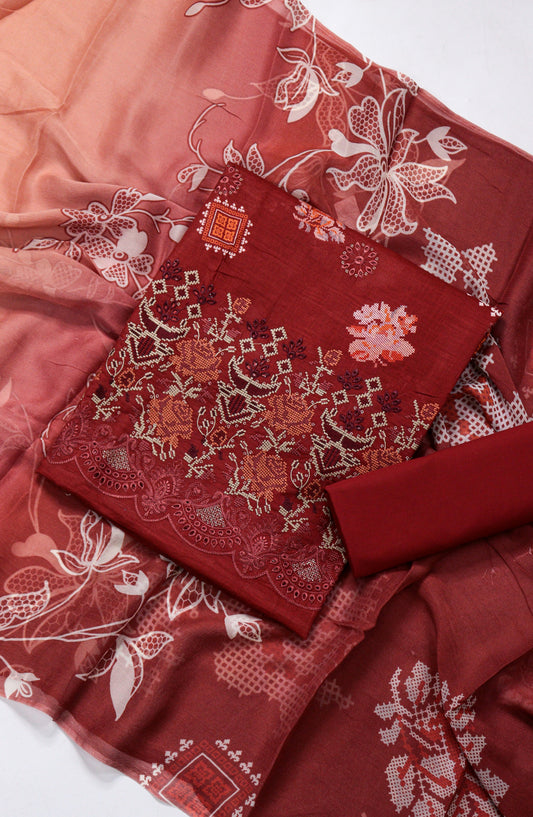Amna Khadija Fancy Embroidered Lawn Unstitched 3 Piece Suit - D-15 - AM26FNC - Maroon - Summer Collection
