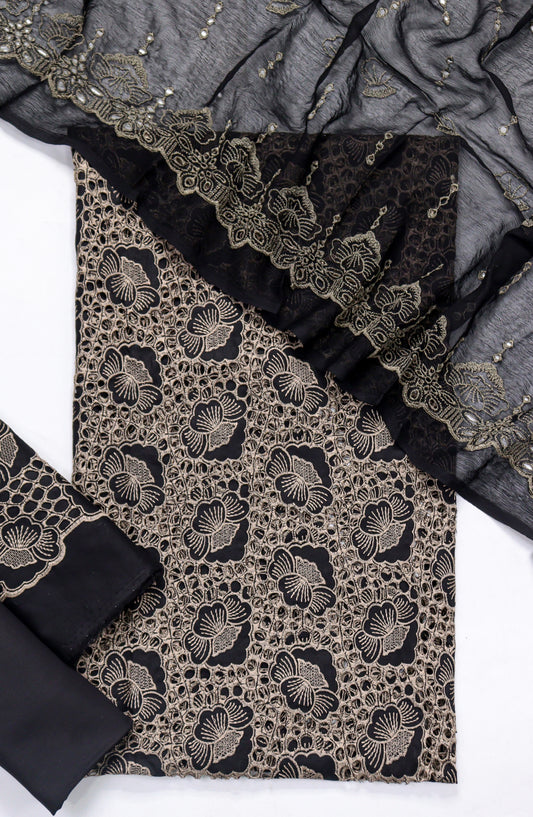 Amna Khadija Fancy Chikankari Lawn Unstitched 3 Piece Suit - Design-03 - AM26FNC - Black - Summer Collection