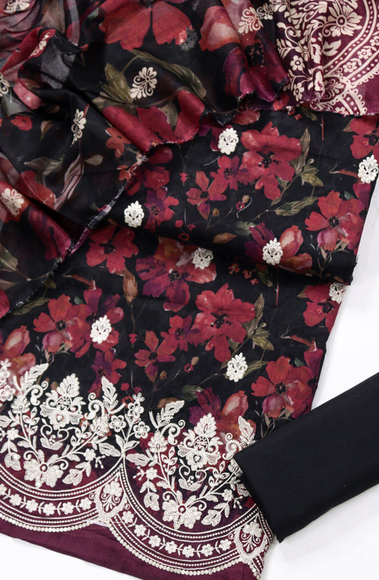 Amna Khadija Digital Printed & Embroidered Resham Laserkari Lawn Unstitched 3 Piece Suit - D-04 - AM26FNC - Black - Summer Collection