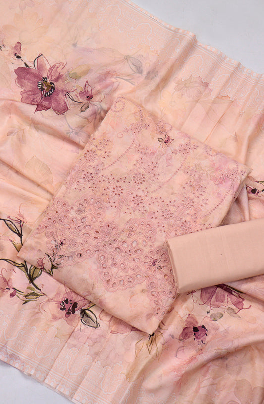Amna Khadija Fancy Chikankari Lawn Unstitched 3 Piece Suit - Design-04 - AM26FNC - Peach - Summer Collection
