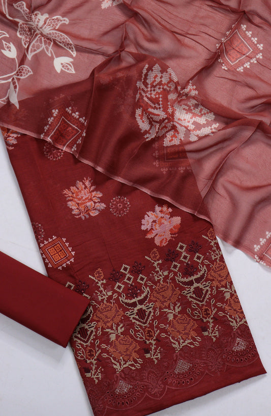 Amna Khadija Fancy Embroidered Lawn Unstitched 3 Piece Suit - D-15 - AM26FNC - Maroon - Summer Collection