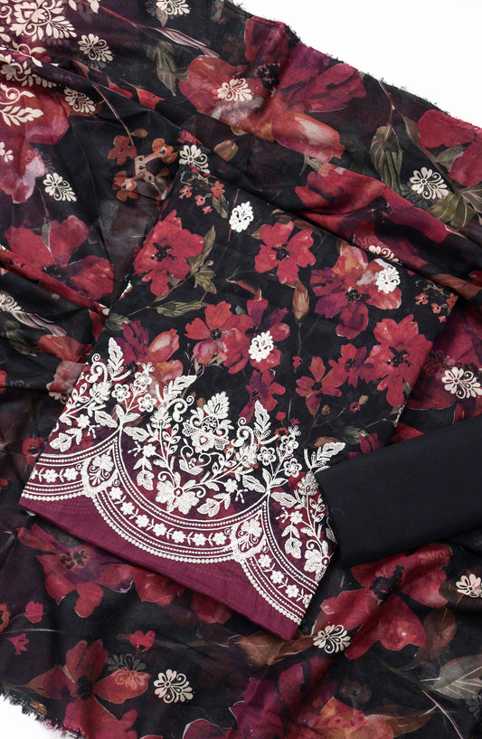 Amna Khadija Digital Printed & Embroidered Resham Laserkari Lawn Unstitched 3 Piece Suit - D-04 - AM26FNC - Black - Summer Collection