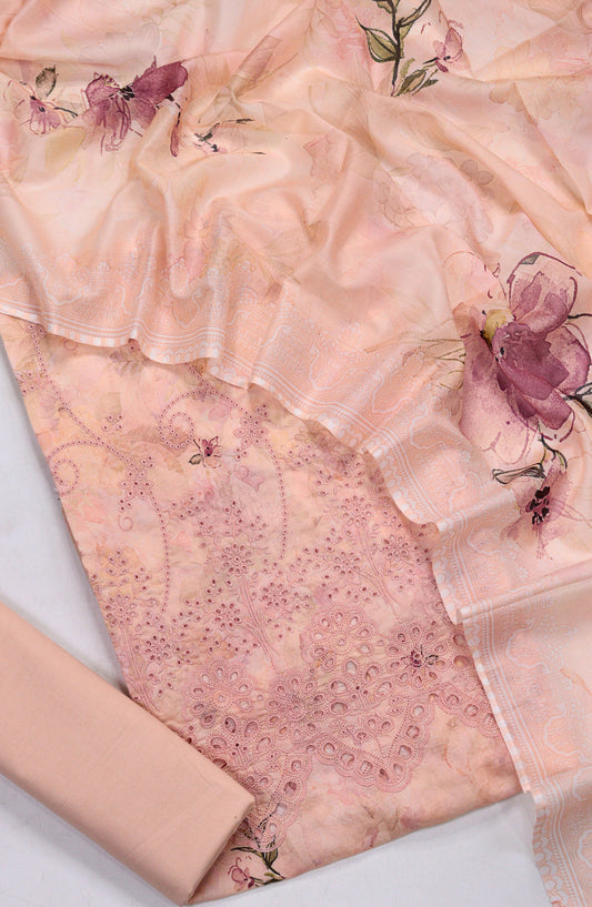 Amna Khadija Fancy Chikankari Lawn Unstitched 3 Piece Suit - Design-04 - AM26FNC - Peach - Summer Collection