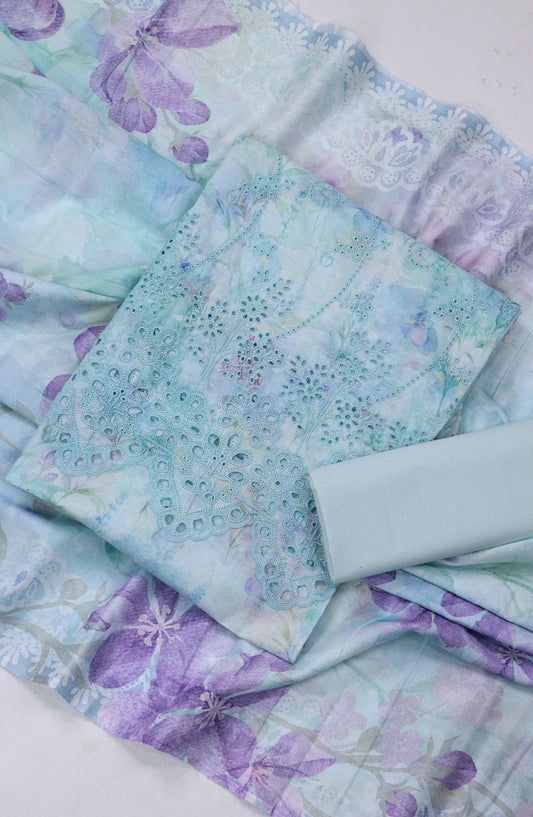 Amna Khadija Fancy Chikankari Lawn Unstitched 3 Piece Suit - Design-03 - AM26FNC - Blue - Summer Collection