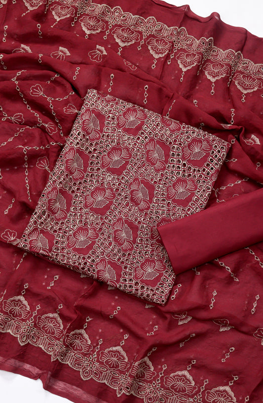 Amna Khadija Fancy Chikankari Lawn Unstitched 3 Piece Suit - Design-01 - AM26FNC - Red - Summer Collection