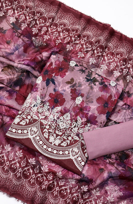 Amna Khadija Digital Printed & Embroidered Resham Laserkari Lawn Unstitched 3 Piece Suit - D-03 - AM26FNC - Pink - Summer Collection