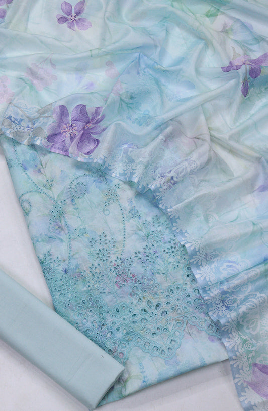 Amna Khadija Fancy Chikankari Lawn Unstitched 3 Piece Suit - Design-03 - AM26FNC - Blue - Summer Collection