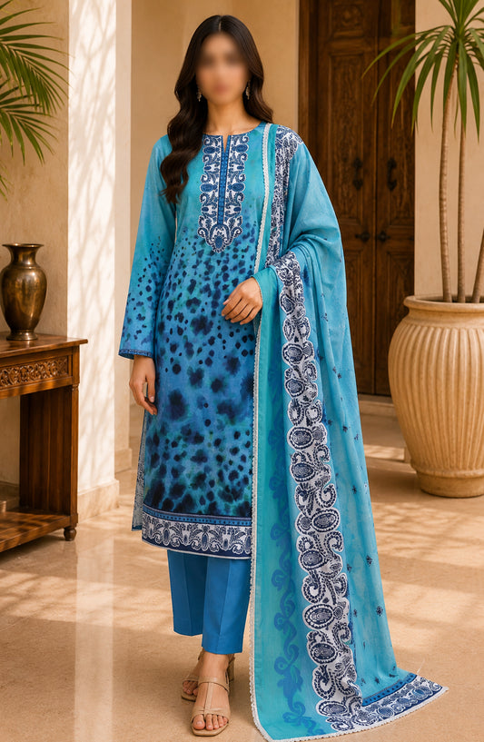 Amna Khadija Fancy Printed Lawn Unstitched 3 Piece Suit - TOD-06 - AM26FNC - Blue - Summer Collection