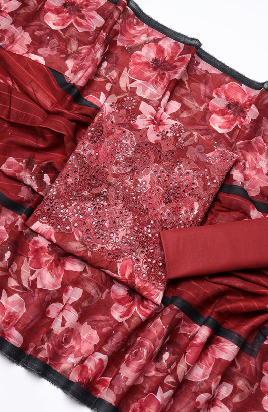 Amna Khadija Fancy Embroidered Lawn Unstitched 3 Piece Suit - STD-03 - AM26FNC - Red - Summer Collection