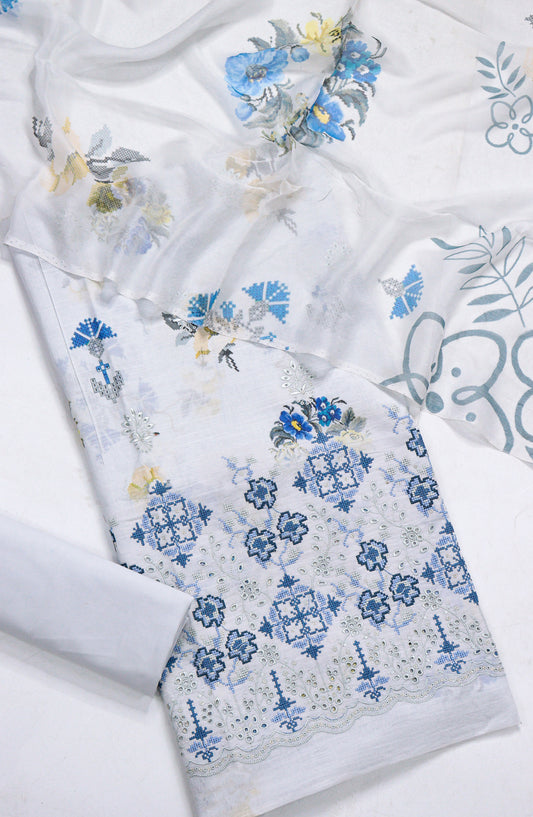 Amna Khadija Fancy Embroidered Lawn Unstitched 3 Piece Suit - D-13 - AM26FNC - Ice Blue - Summer Collection