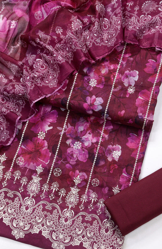 Amna Khadija Digital Printed & Embroidered Resham Laserkari Lawn Unstitched 3 Piece Suit - D-02 - AM26FNC - Pink - Summer Collection