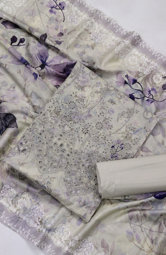 Amna Khadija Fancy Chikankari Lawn Unstitched 3 Piece Suit - Design-02 - AM26FNC - Grey - Summer Collection