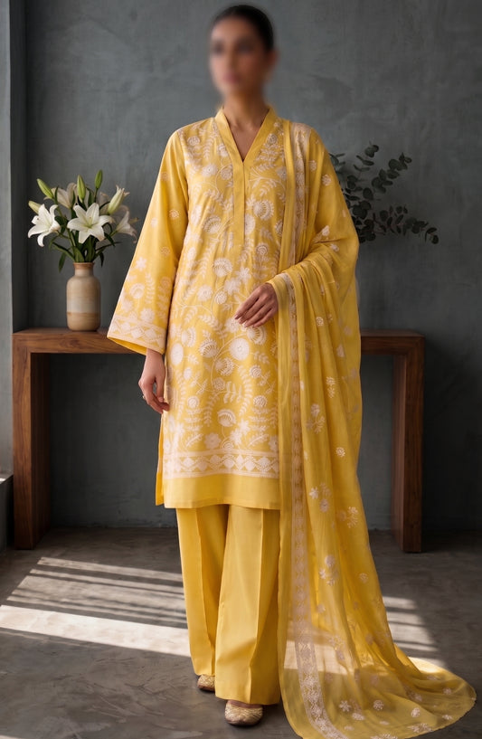 Amna Khadija Fancy Embroidered Lawn Unstitched 3 Piece Suit - JLD-01 - AM26FNC - Yellow - Summer Collection