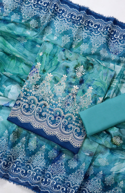 Amna Khadija Digital Printed & Embroidered Resham Laserkari Lawn Unstitched 3 Piece Suit - D-01 - AM26FNC - Blue - Summer Collection