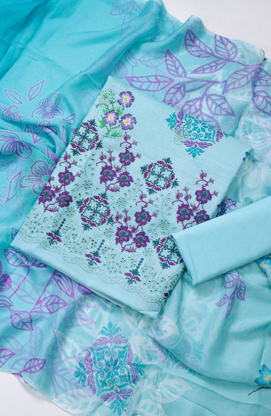 Amna Khadija Fancy Embroidered Lawn Unstitched 3 Piece Suit - D-11 - AM26FNC - Blue - Summer Collection