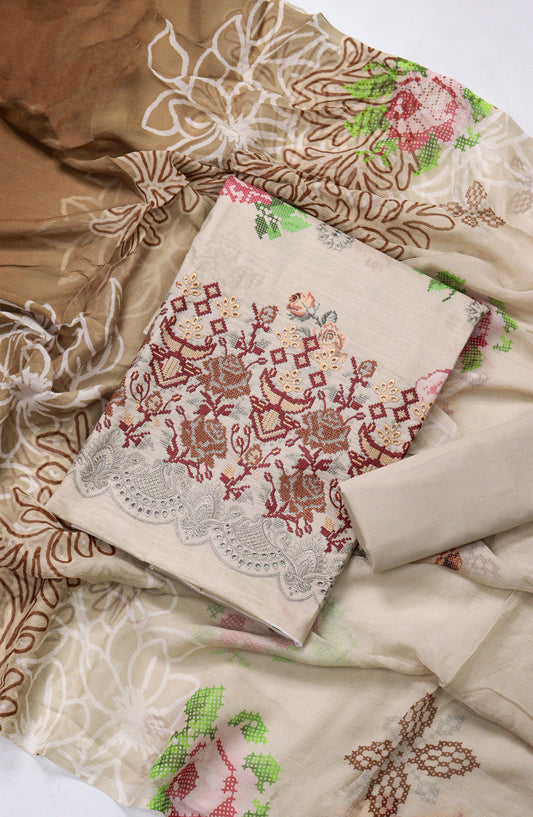 Amna Khadija Fancy Embroidered Lawn Unstitched 3 Piece Suit - D-10 - AM26FNC - Fawn - Summer Collection