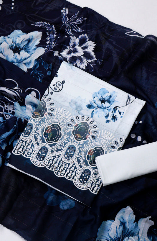 Amna Khadija Fancy Chikankari Lawn Unstitched 3 Piece Suit - D-01 - AM26FNC - Blue - Summer Collection