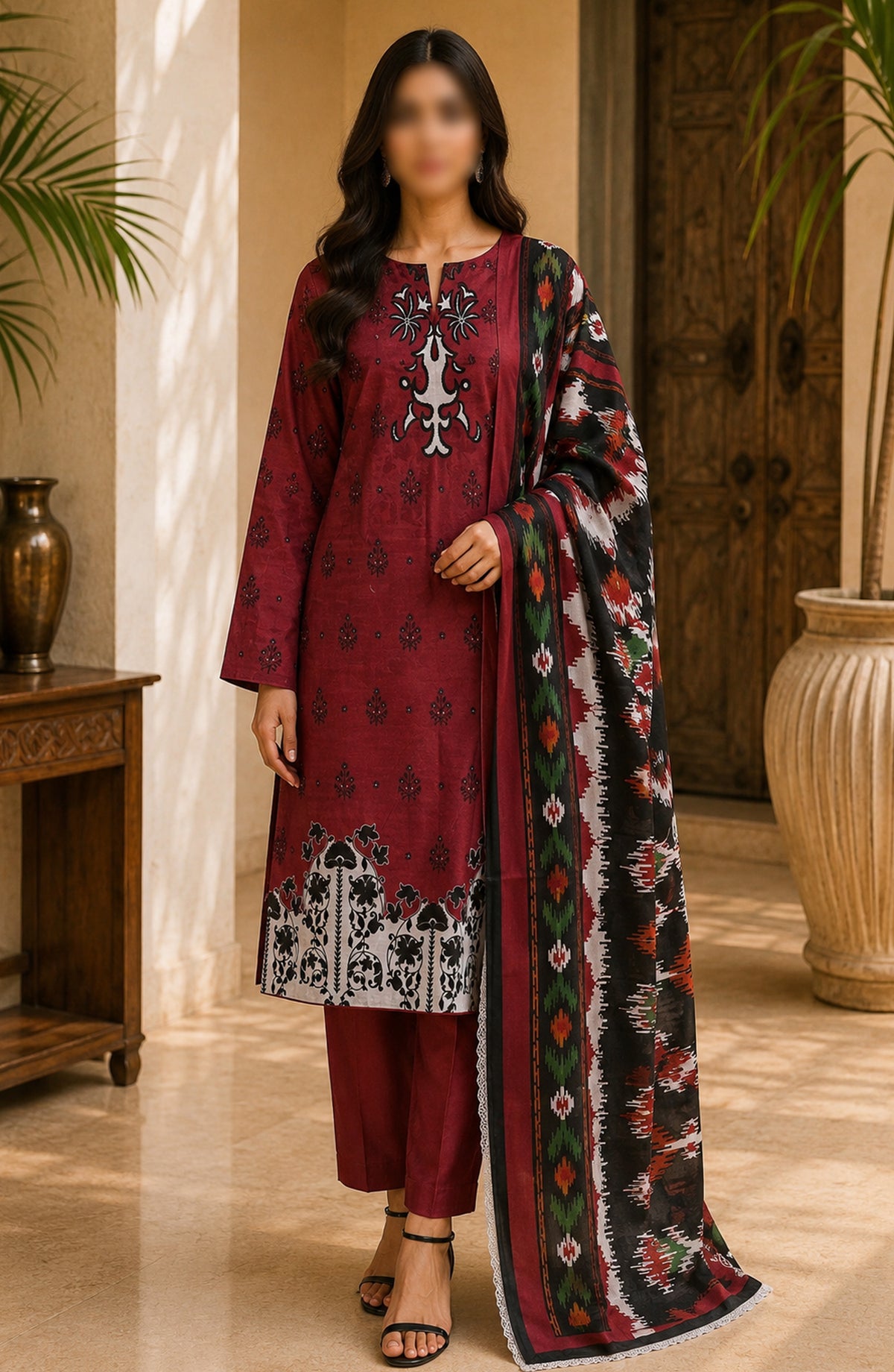 Amna Khadija Fancy Printed Lawn Unstitched 3 Piece Suit - TOD-02 - AM26FNC - Red - Summer Collection