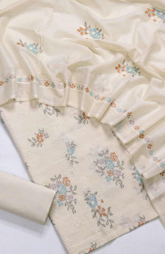 Amna Khadija Fancy Embroidered Lawn Unstitched 3 Piece Suit - RJD-02 - AM26FNC - Fawn - Summer Collection