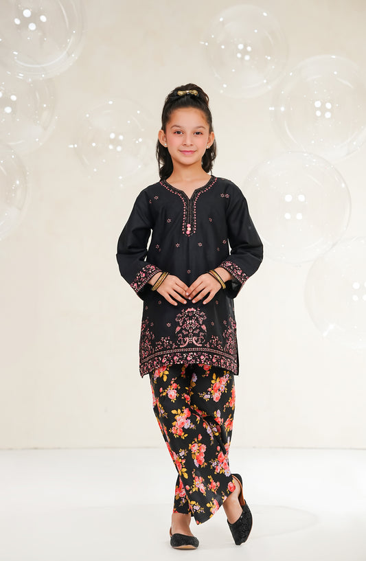 Amna Khadija Guriya Embroidered Cotton Stitched 2 Piece Suit - AKG-02 - AM25GRY - Black - Girls Collection