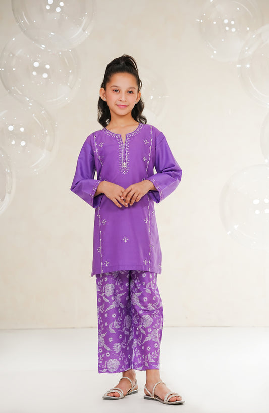 Amna Khadija Guriya Embroidered Cotton Stitched 2 Piece Suit - AKG-03 - AM25GRY - Purple - Girls Collection