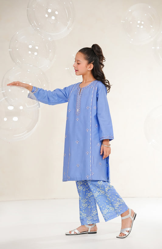 Amna Khadija Guriya Embroidered Cotton Stitched 2 Piece Suit - AKG-06 - AM25GRY - Blue - Girls Collection