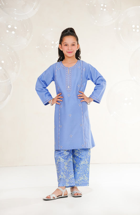 Amna Khadija Guriya Embroidered Cotton Stitched 2 Piece Suit - AKG-06 - AM25GRY - Blue - Girls Collection