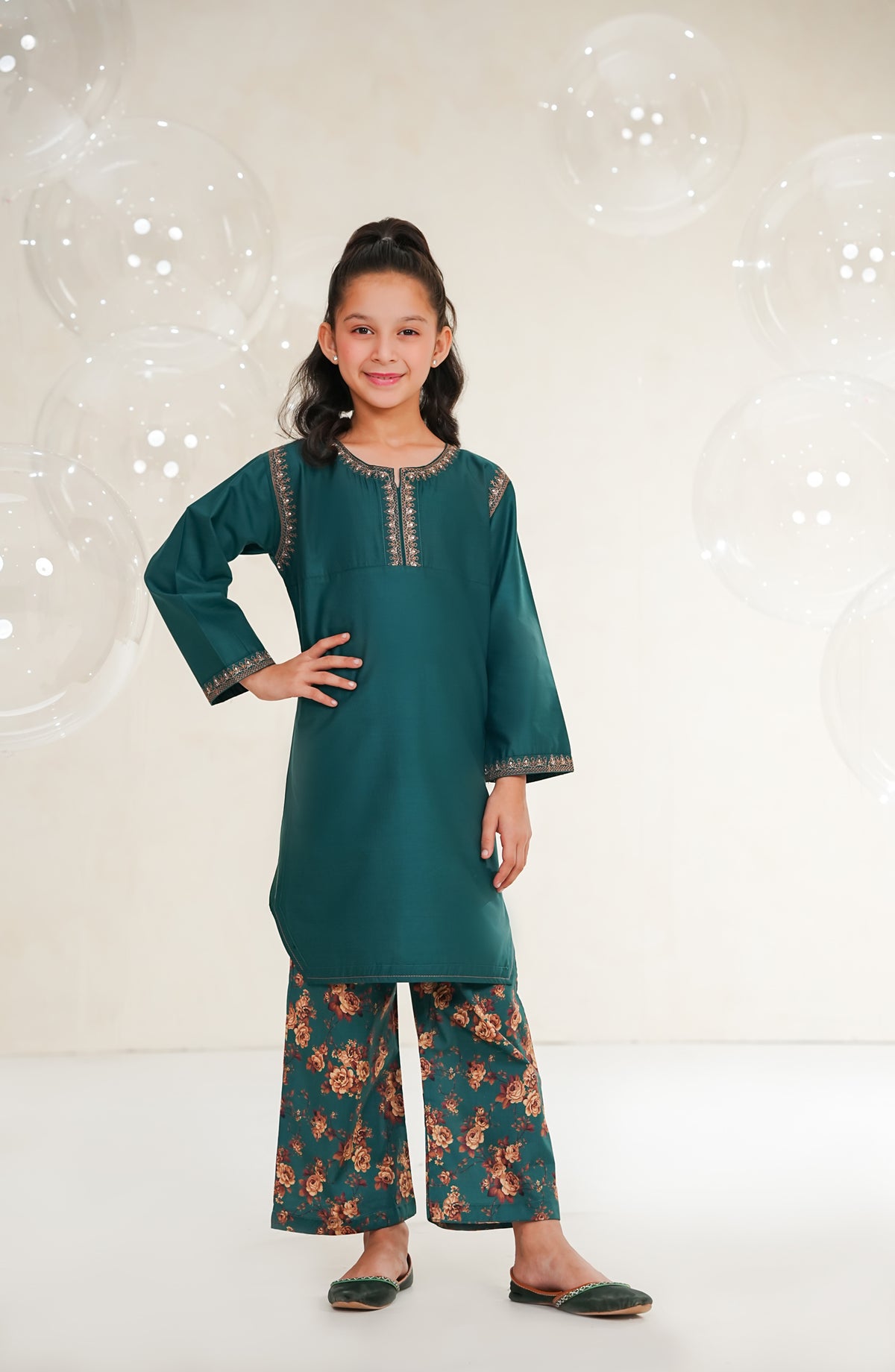 Amna Khadija Guriya Embroidered Cotton Stitched 2 Piece Suit - AKG-08 - AM25GRY - Green - Girls Collection