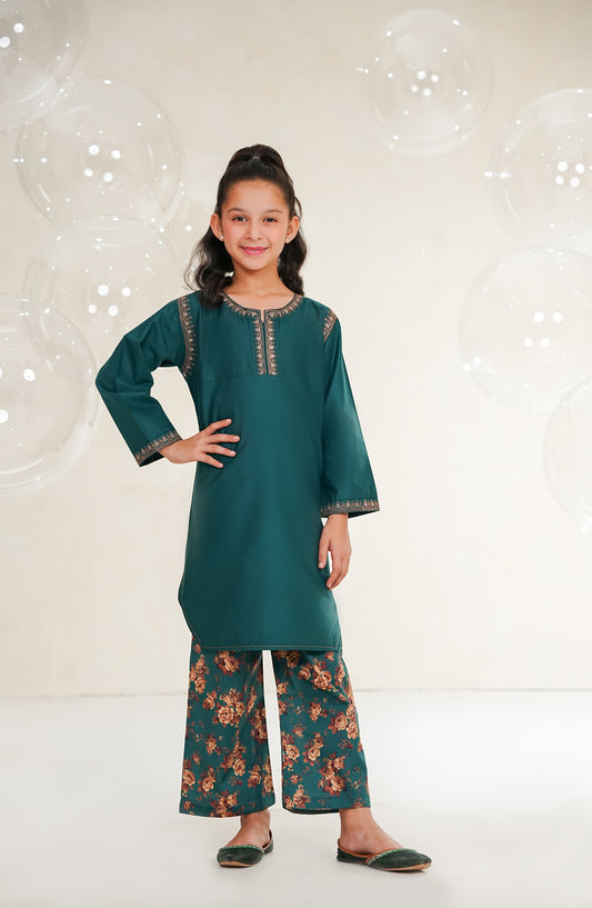 Amna Khadija Guriya Embroidered Cotton Stitched 2 Piece Suit - AKG-08 - AM25GRY - Green - Girls Collection