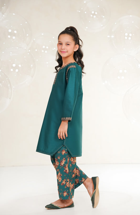 Amna Khadija Guriya Embroidered Cotton Stitched 2 Piece Suit - AKG-08 - AM25GRY - Green - Girls Collection