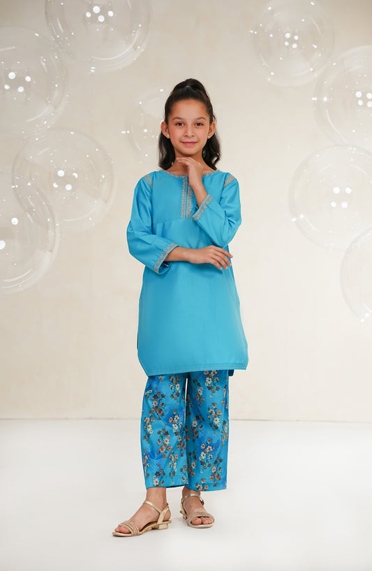 Amna Khadija Guriya Embroidered Cotton Stitched 2 Piece Suit - AKG-10 - AM25GRY - Blue - Girls Collection