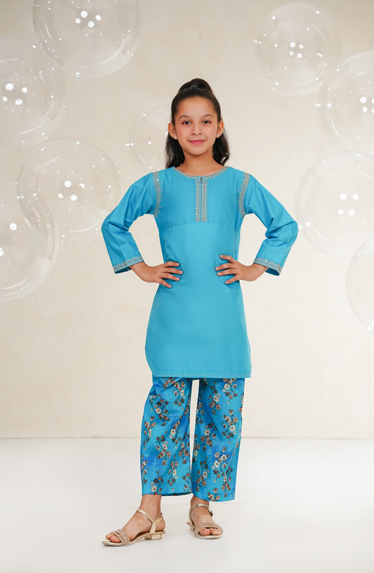 Amna Khadija Guriya Embroidered Cotton Stitched 2 Piece Suit - AKG-10 - AM25GRY - Blue - Girls Collection