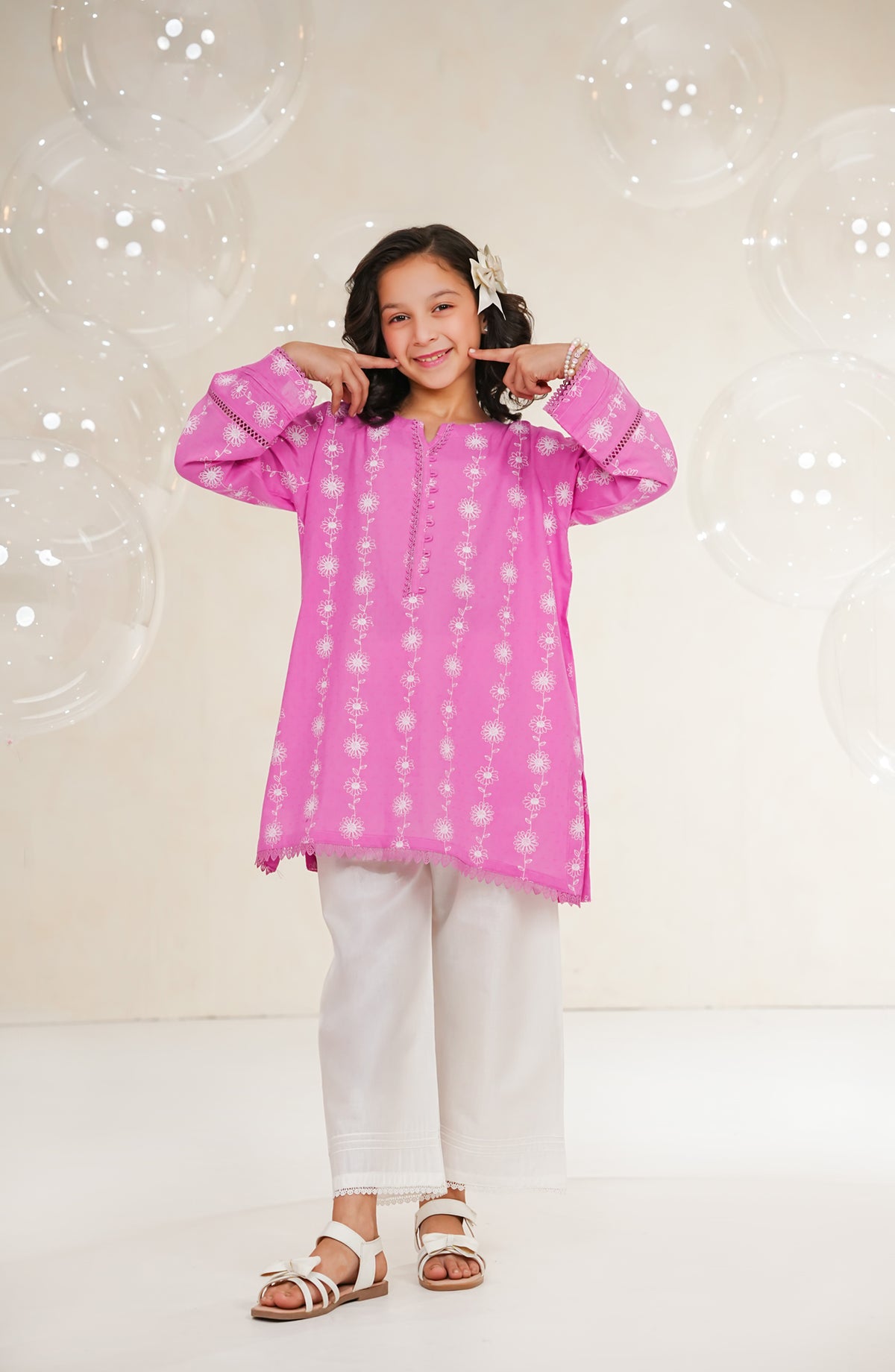 Amna Khadija Guriya Printed & Self Jacquard Cotton Stitched 2 Piece Suit - AKG-01 - AM25GRY - Pink - Girls Collection