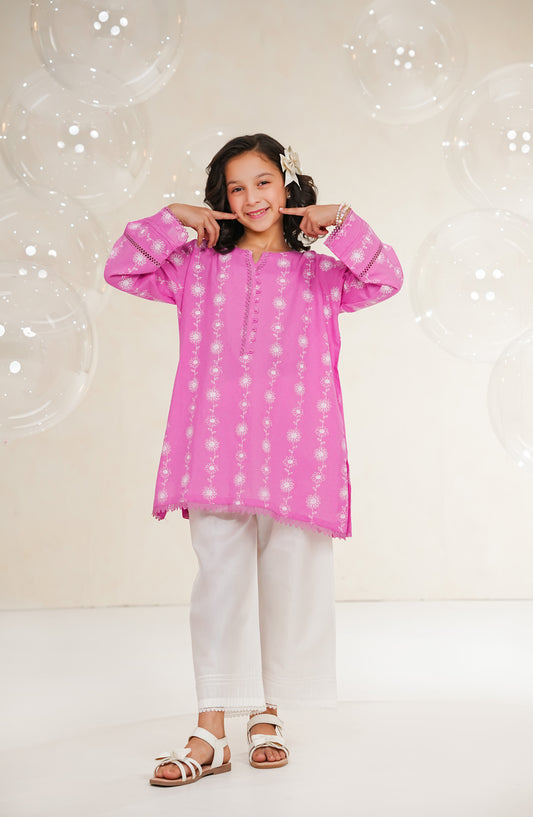 Amna Khadija Guriya Printed & Self Jacquard Cotton Stitched 2 Piece Suit - AKG-01 - AM25GRY - Pink - Girls Collection