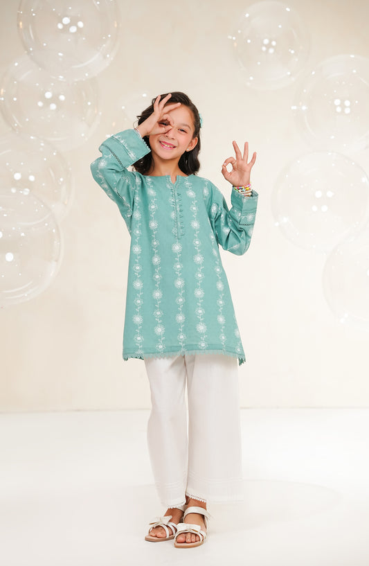 Amna Khadija Guriya Printed & Self Jacquard Cotton Stitched 2 Piece Suit - AKG-04 - AM25GRY - Green - Girls Collection